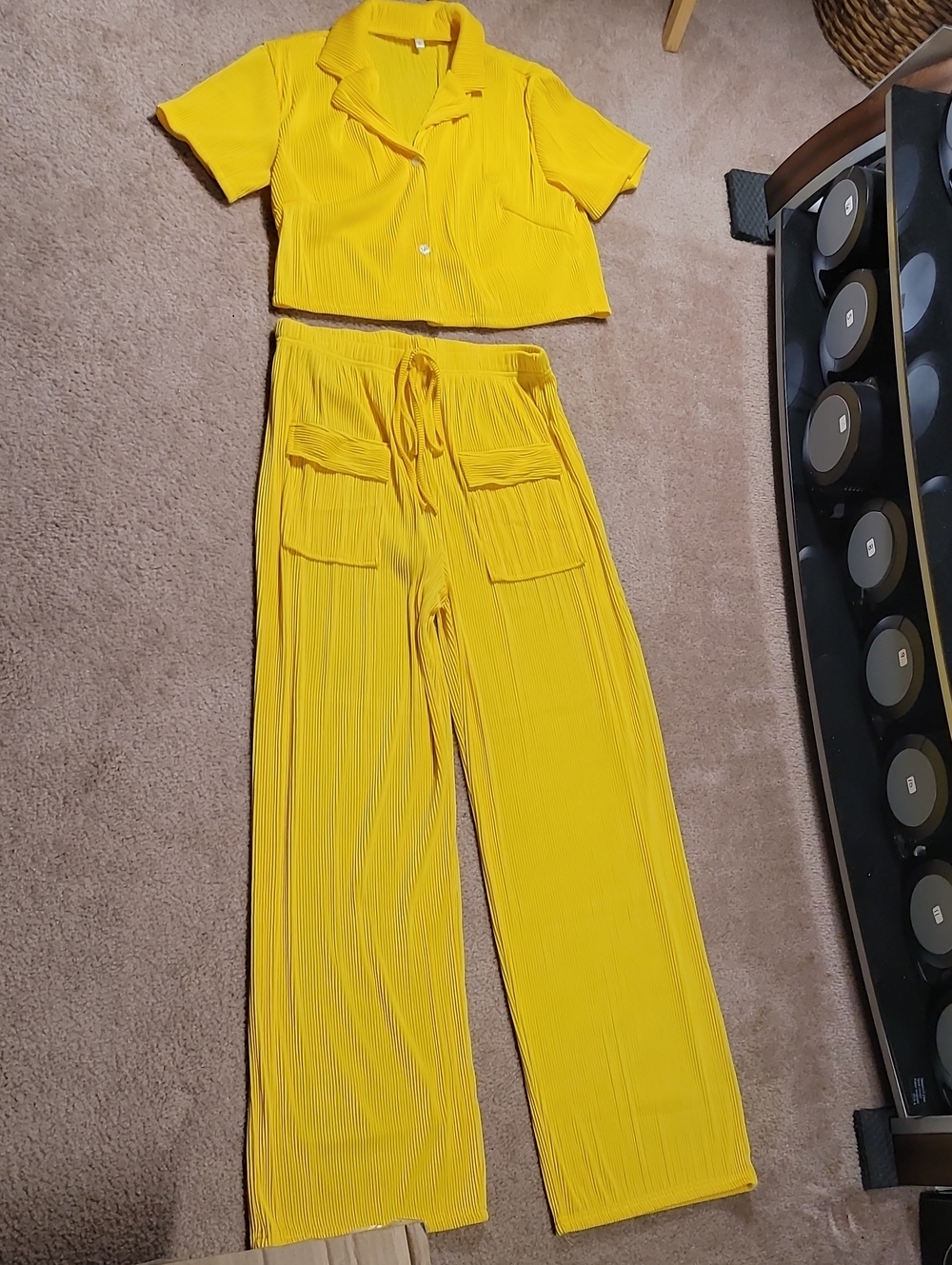Yellow Pleated Wide-Leg Pants Suit Women